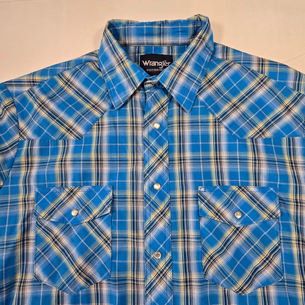 Wrangler Western Shirt Mens Large Blue Plaid Short Sleeve Pearl Snap